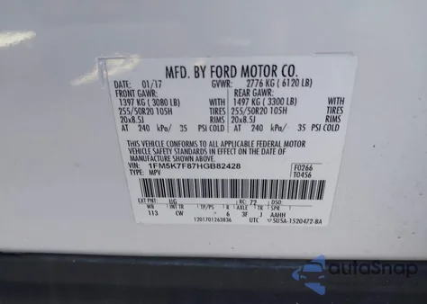 2017 Ford Explorer Limited z USA, uszkodzony, nr VIN 1FM5K7F87HGB82428